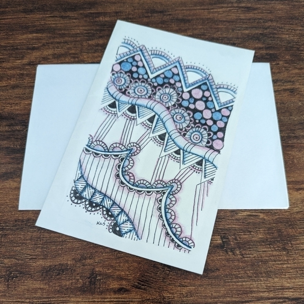 🌻5/$20 Handmade Floral Zentangle Card-Blue, Purple & Black-Floral Birthday/Gift